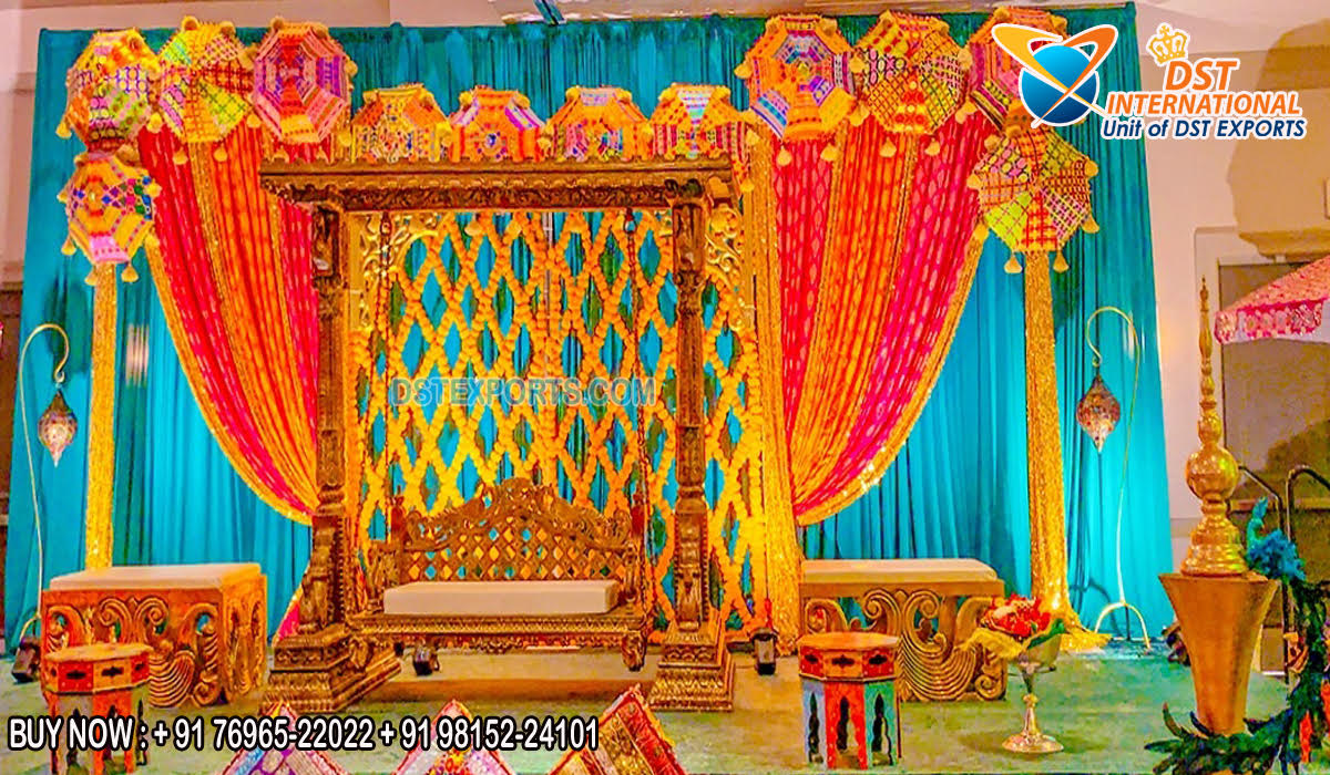 Teak Wood Swing Set For Colorful Haldi Stage 