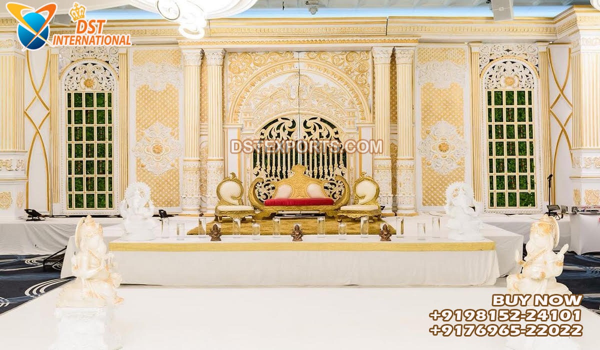 Traditional White Gold Wedding Stage Decoration