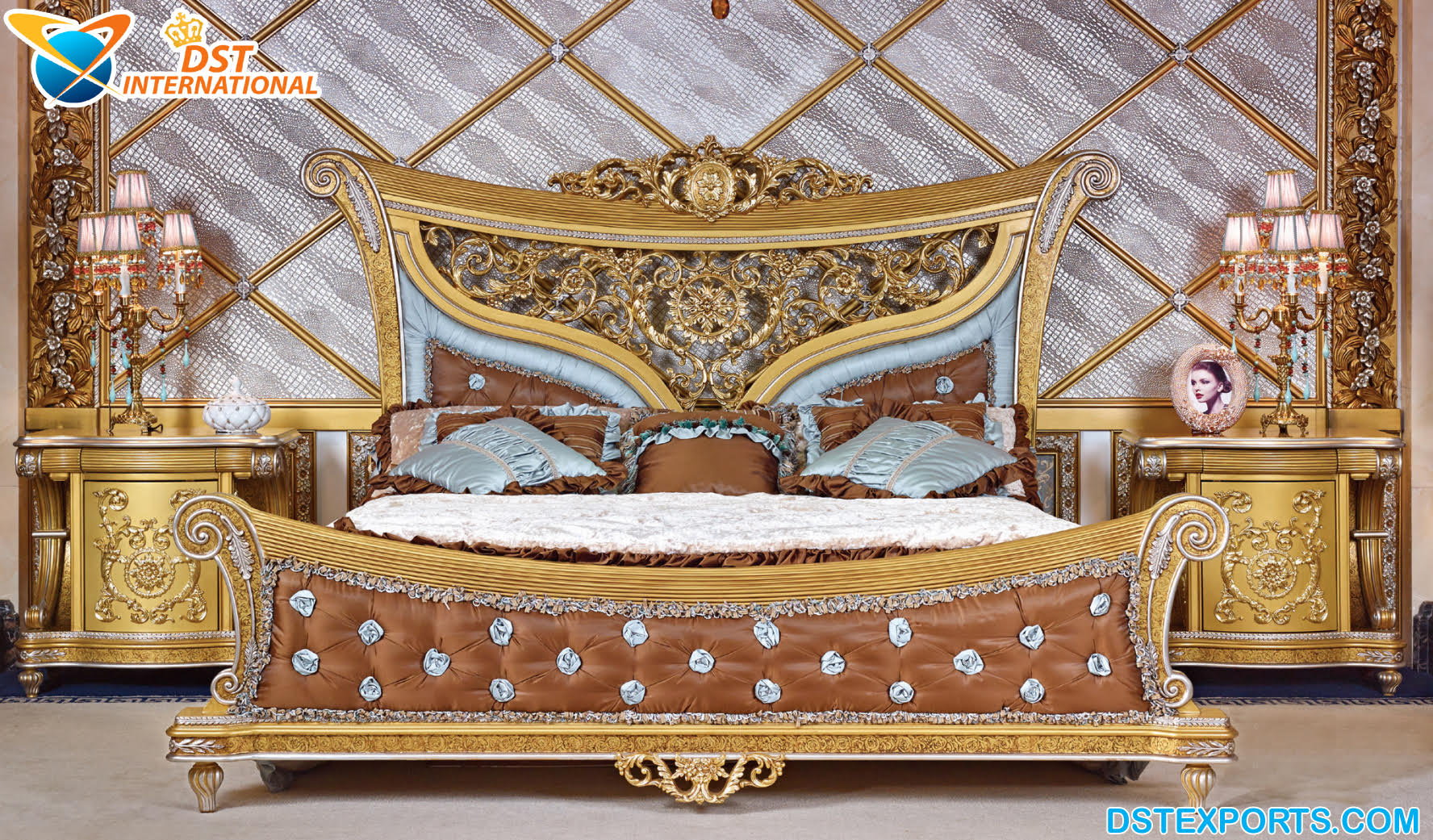 Golden Finish Royal Carving Bedroom Furniture
