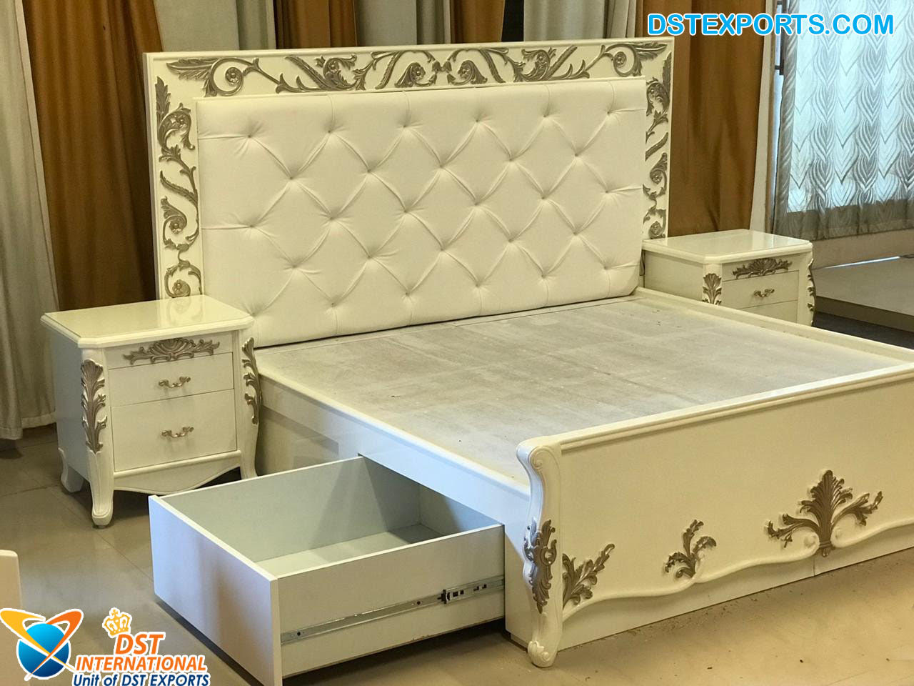 Designer White Double Bed with Storage