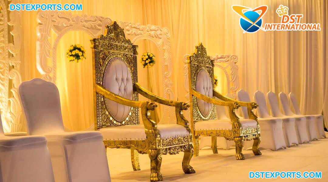 Designer White Golden Wedding Throne Chairs