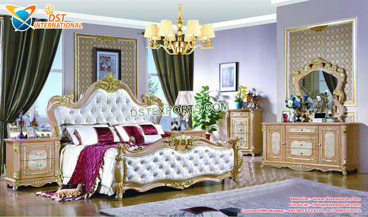 Rococo Gold Leaf Button Upholstered Bed