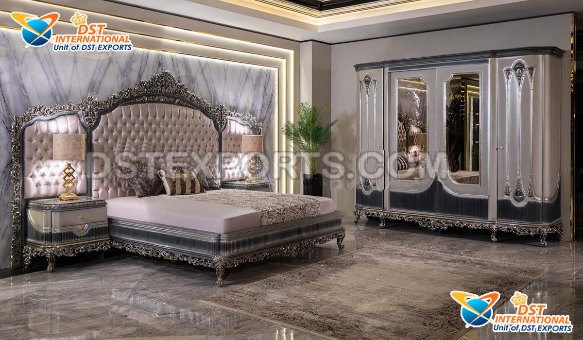 Metallic Silver Finish Bedroom Furniture Set