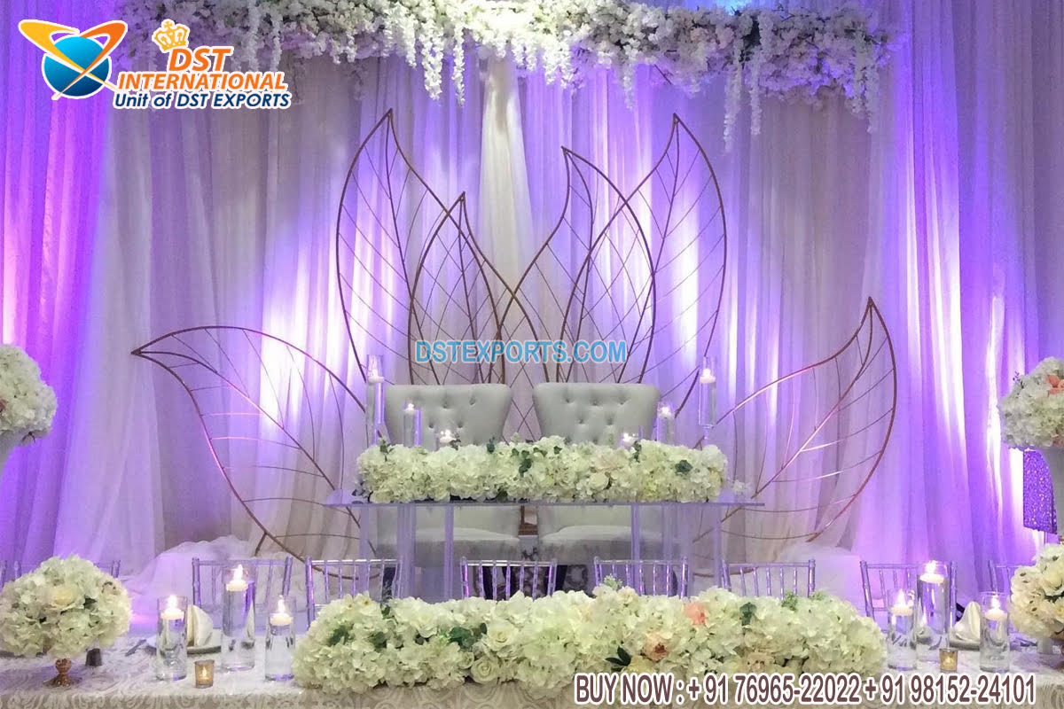 Wedding Reception Stage Metal Leaf Backdrop Setup