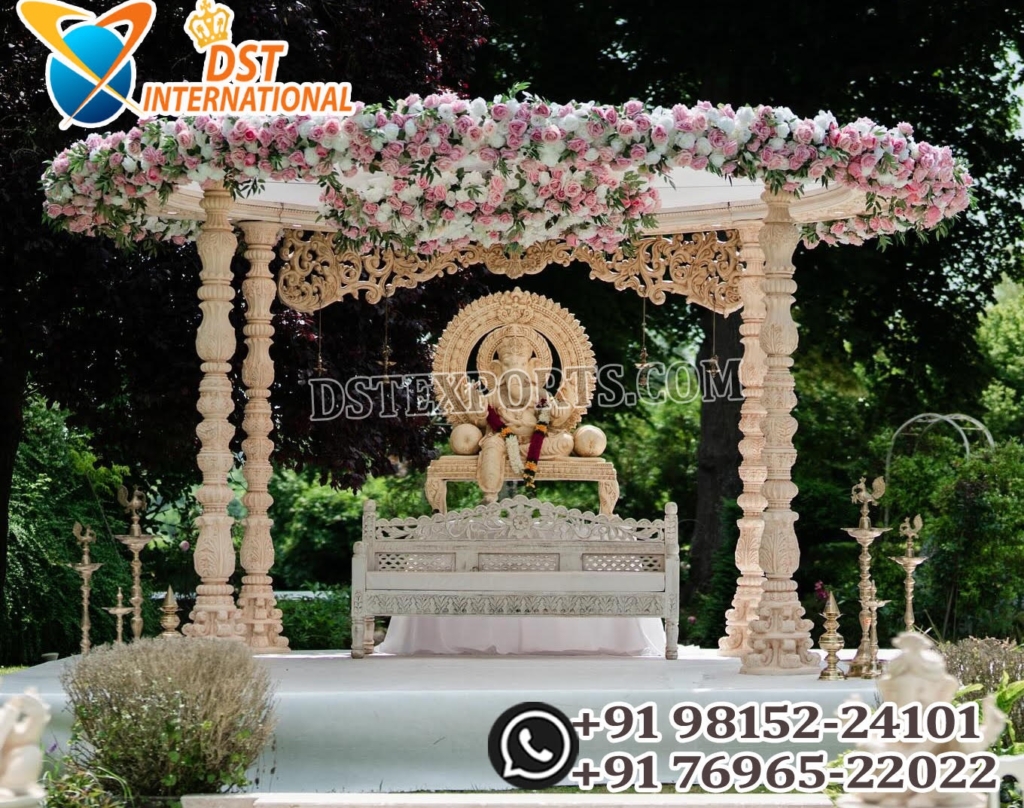 Hindu wedding ceremonies ,Engagement and reception stages, Ganesh Puja or traditional pooja setups,Destination weddings and palace events , wooden mandap, indian wedding mandap , hindu wedding mandap , mandaps , manpams , manufacturers , aexporters
