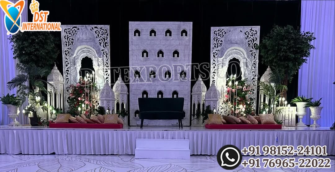 Mughal Wedding Stage Backdrop ,Muslim Wedding Stage Frames ,Royal Nikah Backdrop Decor Islamic Wedding Stage Setup ,Pakistani Walima Decoration Ideas ,Indian Wedding Backdrop Panels Fiber Arch Wedding Frames ,Luxury Mehndi Stage Design ,White Wedding Stage Props ,Traditional Lantern Wedding Decor ,Wedding Stage for Muslim Bride and Groom ,Elegant Stage Decoration for Nikah Ceremony