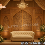 wedding reception stage backdrop, peacock theme wedding decor, golden wedding backdrop, floral wedding arch stage, luxury reception setup, engagement stage decoration, modern Indian wedding stage, bridal shower backdrop, couple seating decor, artificial flower arch, metal wedding backdrop, wedding photo booth frame, premium wedding decoration