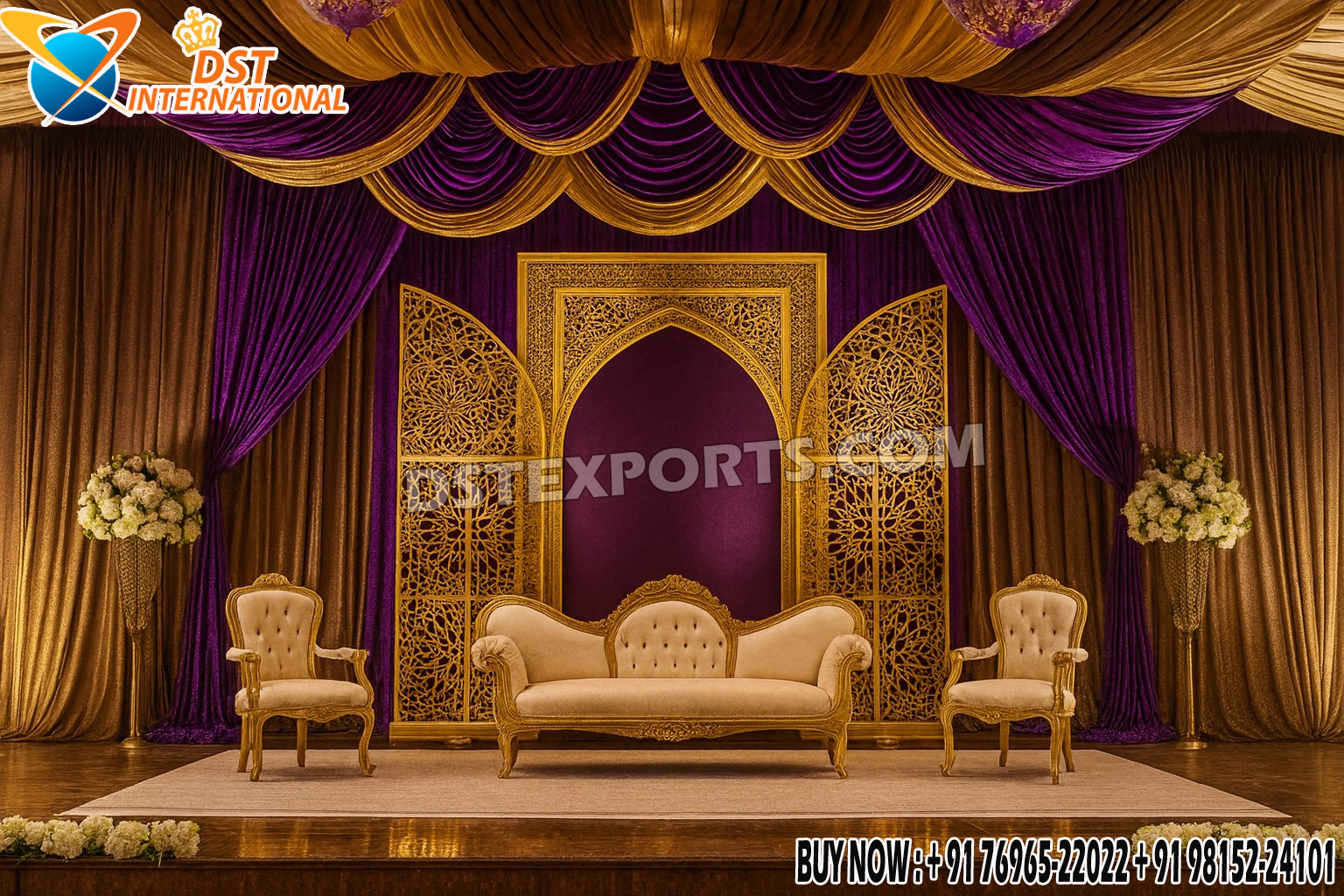 "Arabic theme golden open door style wedding stage backdrop with laser-cut panels, purple and gold drapery, royal sofa and chairs, and floral decorations – luxury wedding stage setup UK."