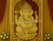 "Golden decorative backdrop frame of Lord Ganesha sitting on a lotus, designed for wedding stage decoration and festive events, by DST International."