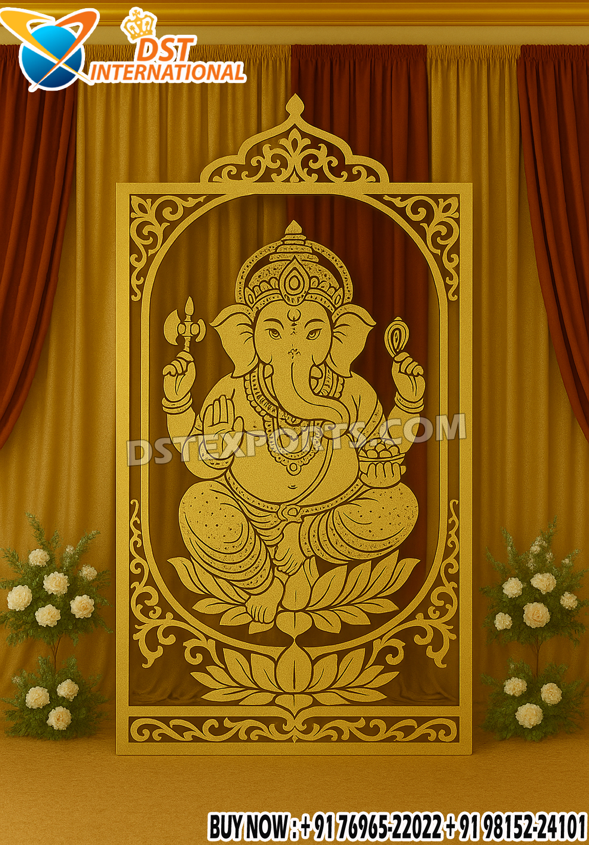 "Golden decorative backdrop frame of Lord Ganesha sitting on a lotus, designed for wedding stage decoration and festive events, by DST International."