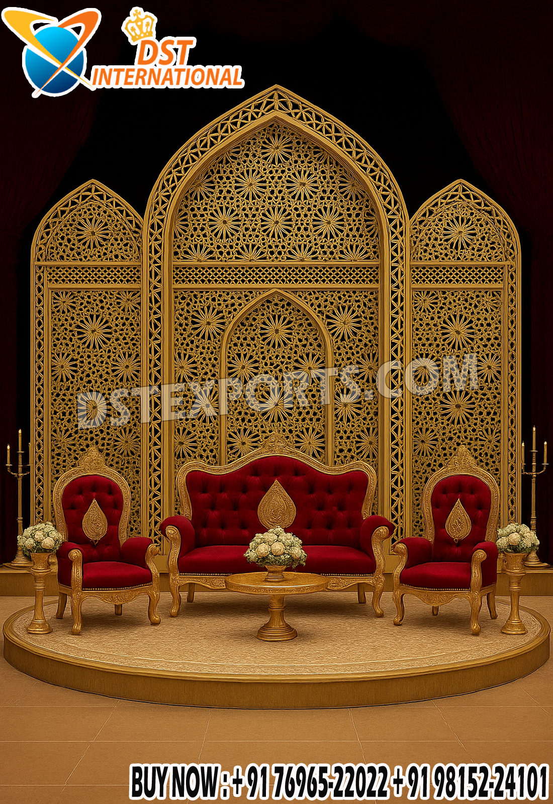 "Luxurious Mughal wedding stage with golden metal backdrop frames, intricate lattice patterns, red velvet sofa and chairs, and royal event décor setup."
