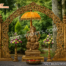 Royal Wooden Carved Ganesha Entrance Gate Decoration with intricate floral carvings, central Ganesha statue under a golden umbrella, flower stands on both sides, perfect for wedding or cultural event entrance decor.