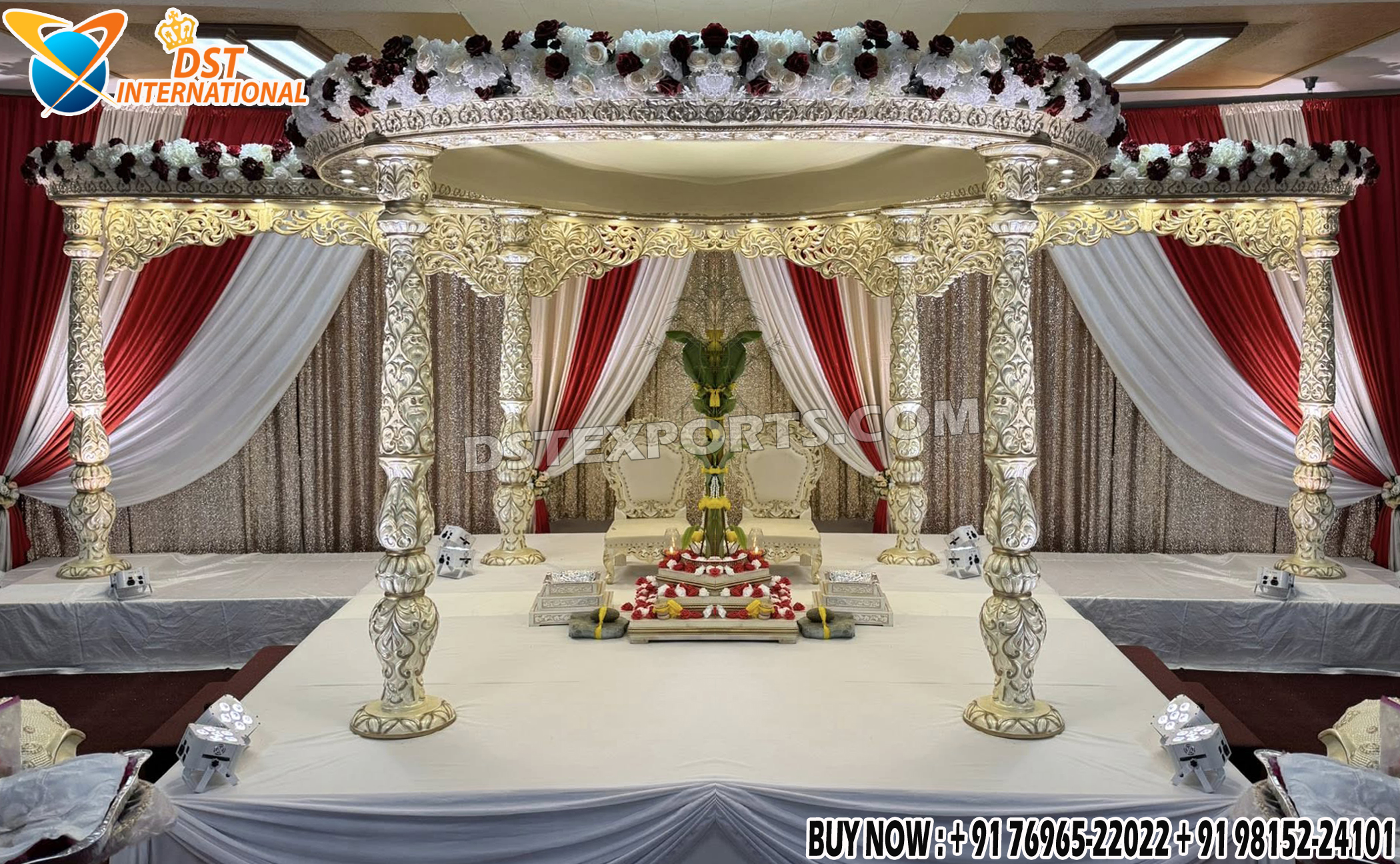 "Traditional Indian Wedding Fiber Carved Mandap Setup in ivory beige color with carved fiber pillars and canopy, designed for Hindu marriage ceremonies."