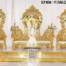 “Luxury Golden Finish Wooden Carved Wedding Sofa Set with Royal Throne Style Chairs for Bride and Groom Stage Reception Decor.”