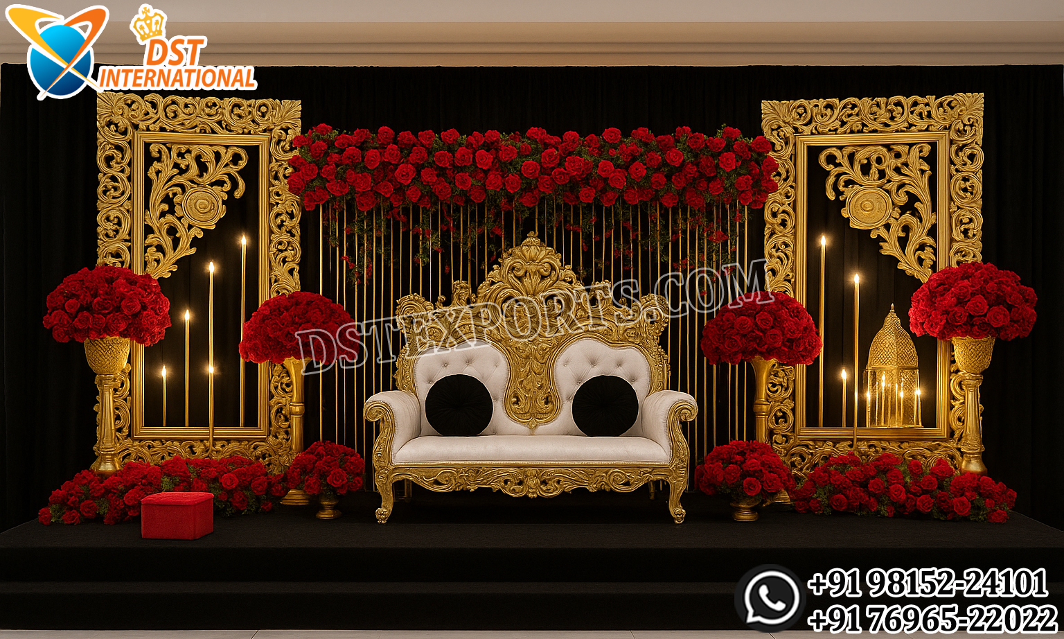 Royal golden fiber backdrop frames with ornate floral carving and luxury wedding reception stage setup with red floral arrangements and throne sofa.