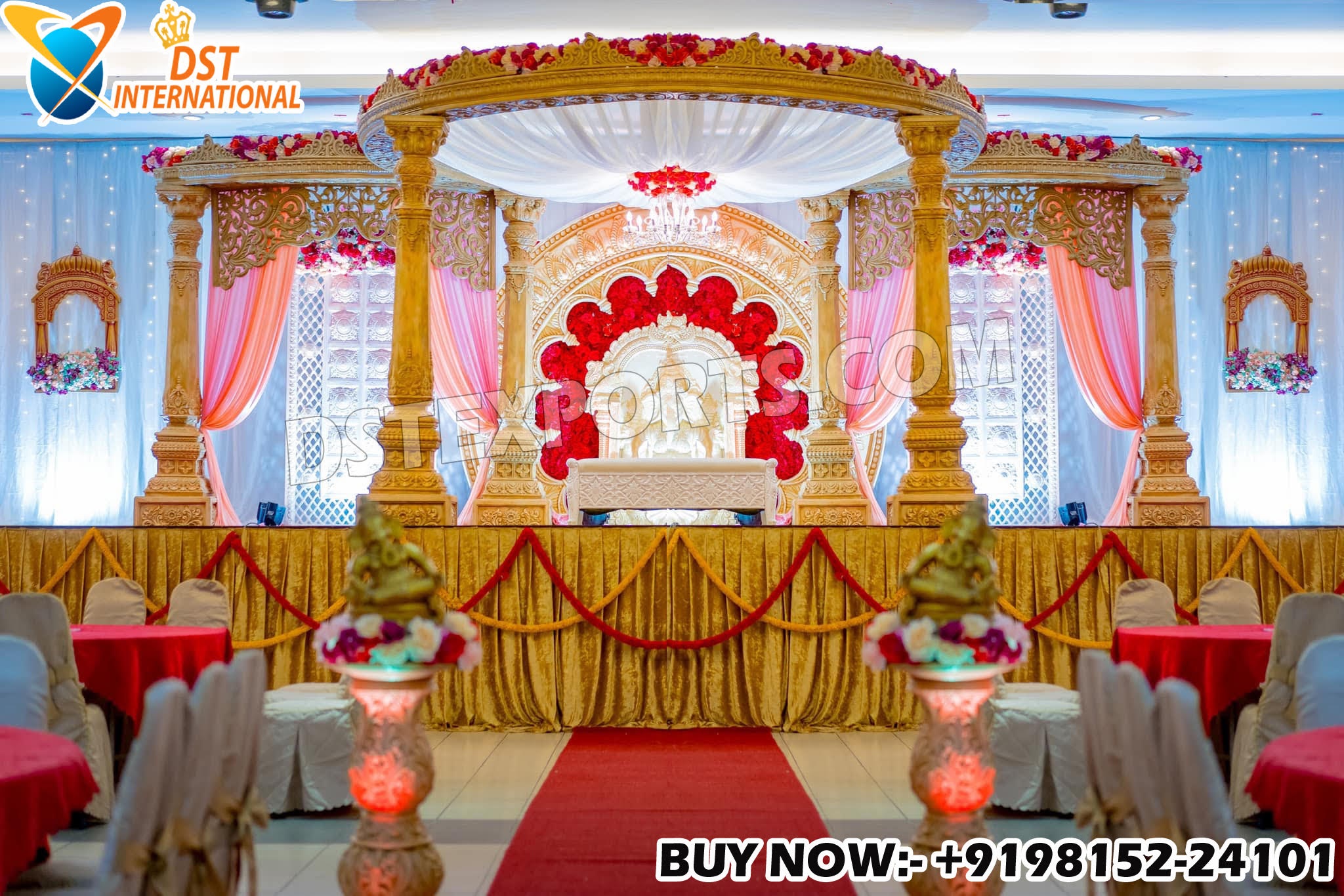 golden round wedding mandap, traditional Indian mandap, royal Hindu wedding stage, fiber carved mandap, luxury wedding décor, DST Exports mandap, golden pillar mandap, round shape mandap design, Indian wedding stage setup, traditional wedding mandap, handcrafted wedding stage, golden mandap for marriage, destination wedding décor, Hindu mandap manufacturer, elegant Indian mandap design