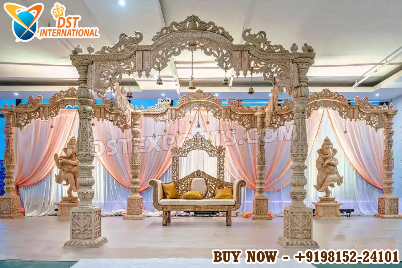 Gujarati Wedding Mandap, Wooden Mayur Mandap, Traditional Indian Mandap, Handcrafted Wedding Stage, Wooden Peacock Mandap, Hindu Wedding Decoration, Indian Wedding Stage Setup, Temple Style Mandap, Royal Marriage Mandap, Destination Wedding Decor
