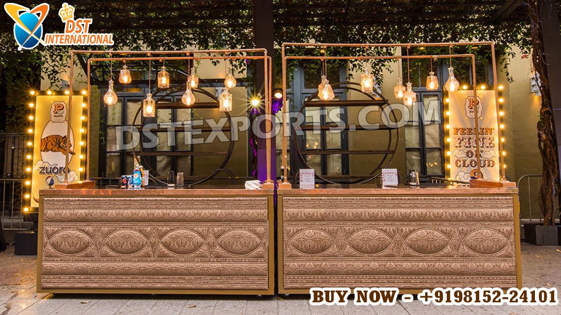 event food counter, wedding catering counter, luxury buffet counter, bar setup for wedding, wooden catering bar, designer event furniture, modern food stall design, wedding decor furniture, handcrafted event counter, illuminated bar counter, rustic wooden bar, food and drink serving counter, DST Exports furniture